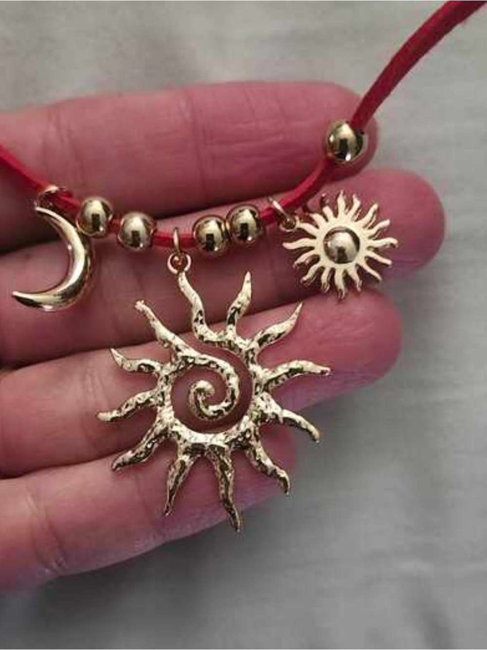 Gold Sun & Moon Pendant Layered Necklace with Red Cord - Picture 4 of 4